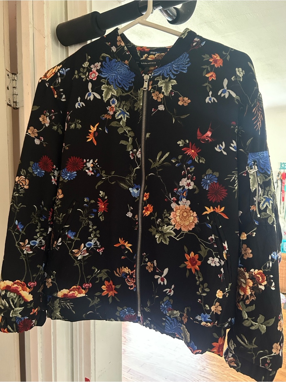 Zara Black Floral Embroidered Bomber Jacket